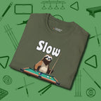 Slow Rollin' Sloth T-Shirt, folded view, in Military Green look good while calling your pocket
