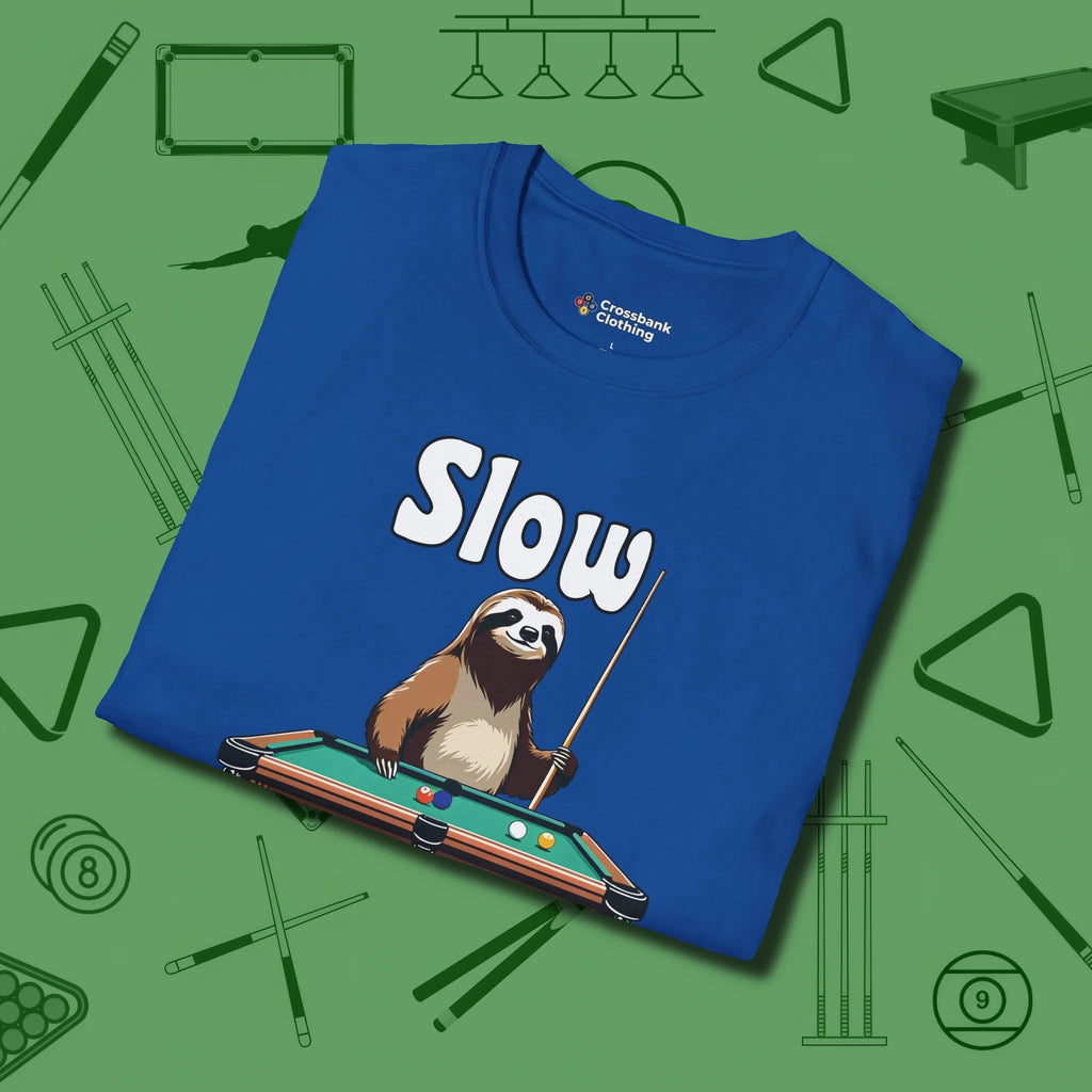 Slow Rollin' Sloth T-Shirt, folded view, in Royal put your best game on display