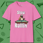 Slow Rollin' Sloth T-Shirt, front view, in Azalea earns respect before the first shot