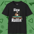 Slow Rollin' Sloth T-Shirt, front view, in Black for shooters who dress like they play: sharp