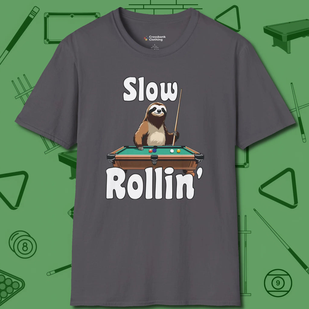 Slow Rollin' Sloth T-Shirt, front view, in Charcoal clean lines for dirty minds