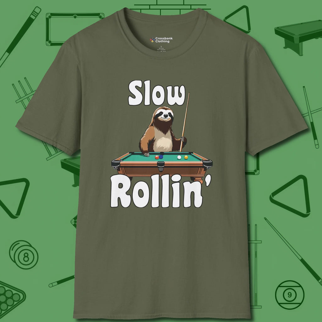Slow Rollin' Sloth T-Shirt, front view, in Military Green styled to dominate from rack to run-out