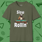 Slow Rollin' Sloth T-Shirt, front view, in Military Green styled to dominate from rack to run-out