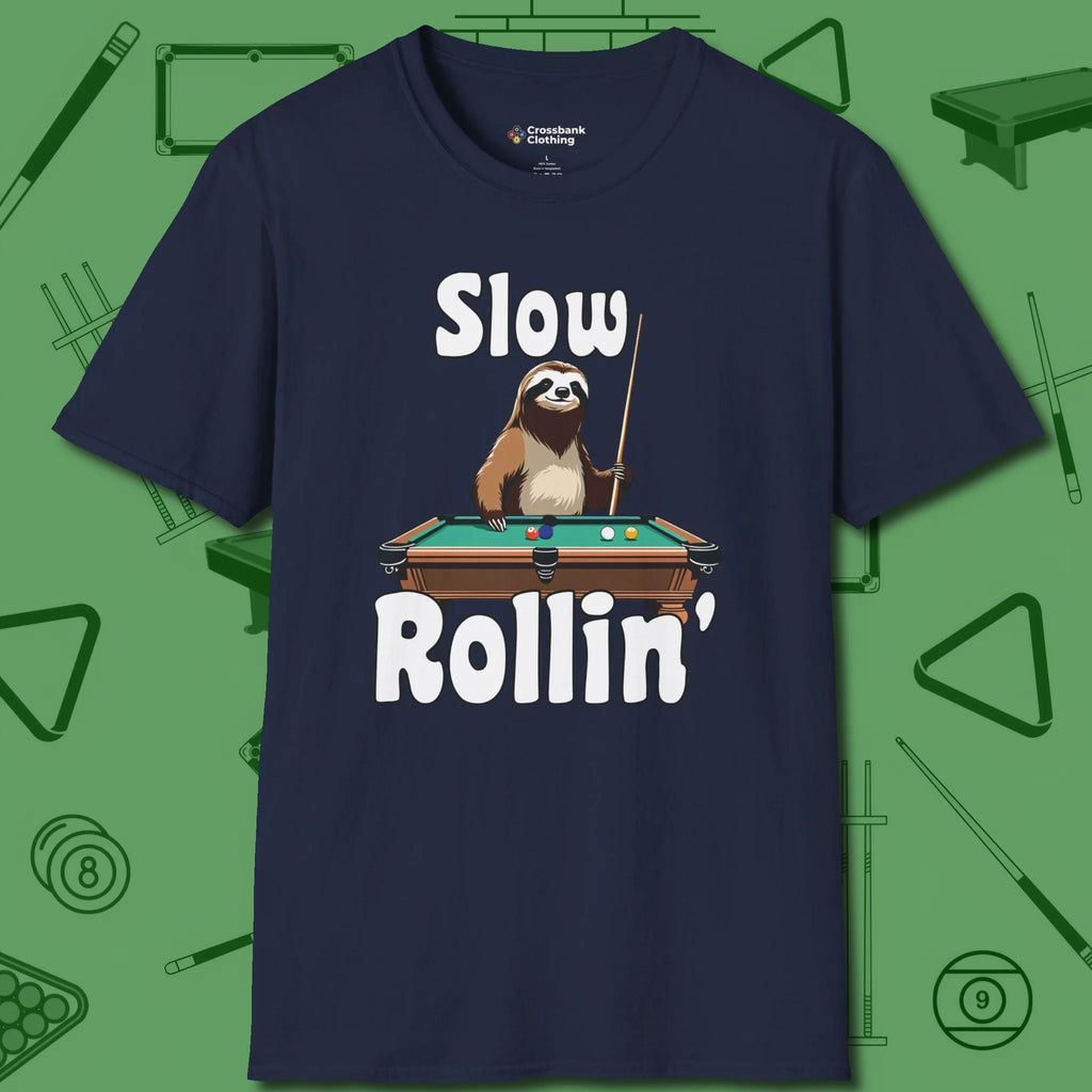 Slow Rollin' Sloth T-Shirt, front view, in Navy precise, confident, always in control