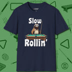 Slow Rollin' Sloth T-Shirt, front view, in Navy precise, confident, always in control