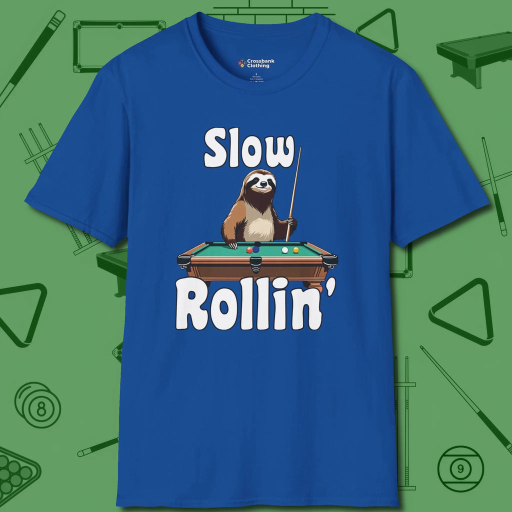Slow Rollin' Sloth T-Shirt, front view, in Royal smart enough for the felt and the street