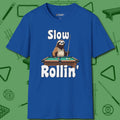 Slow Rollin' Sloth T-Shirt, front view, in Royal smart enough for the felt and the street