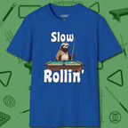 Slow Rollin' Sloth T-Shirt, front view, in Royal smart enough for the felt and the street