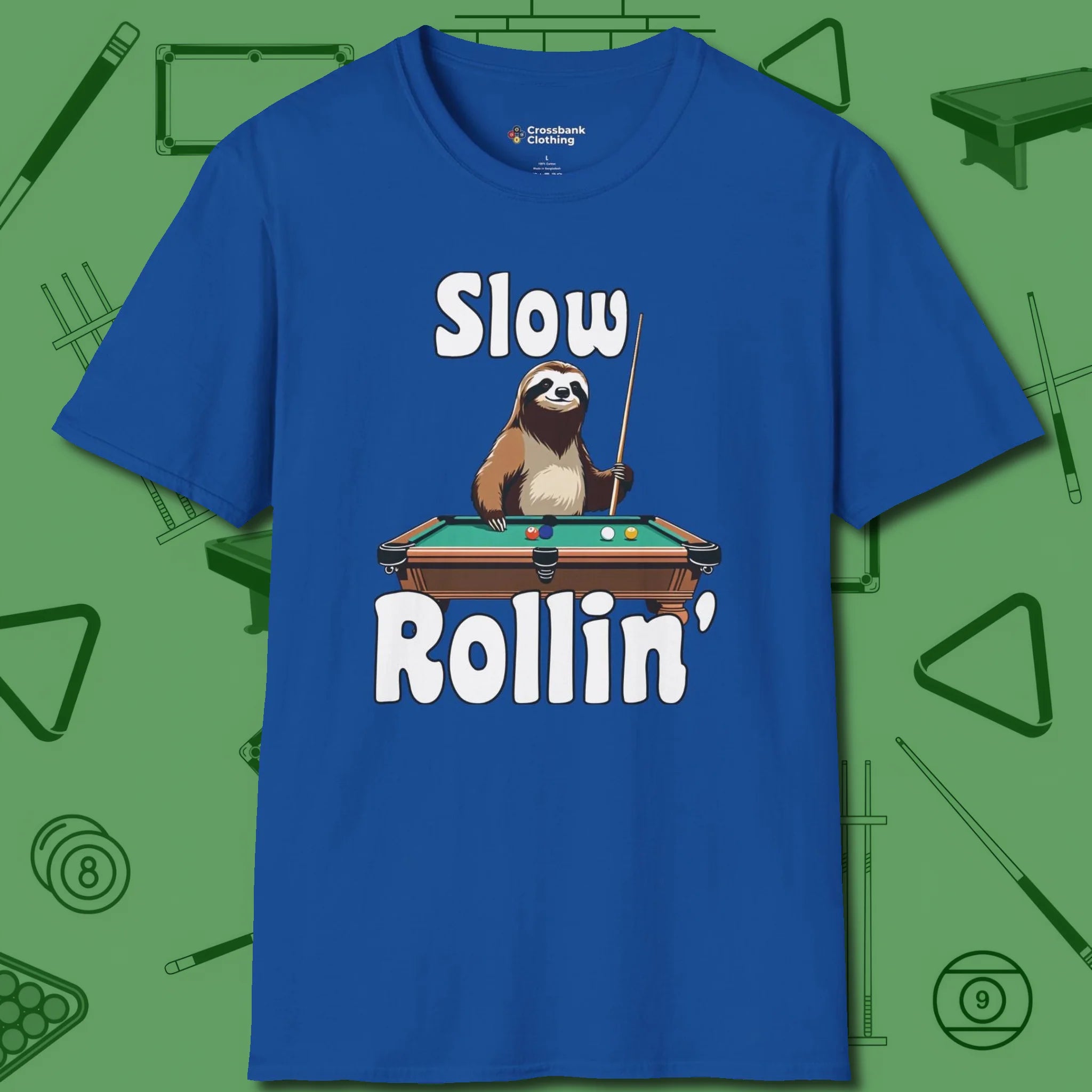 Slow Rollin' Sloth T-Shirt, front view, in Royal smart enough for the felt and the street