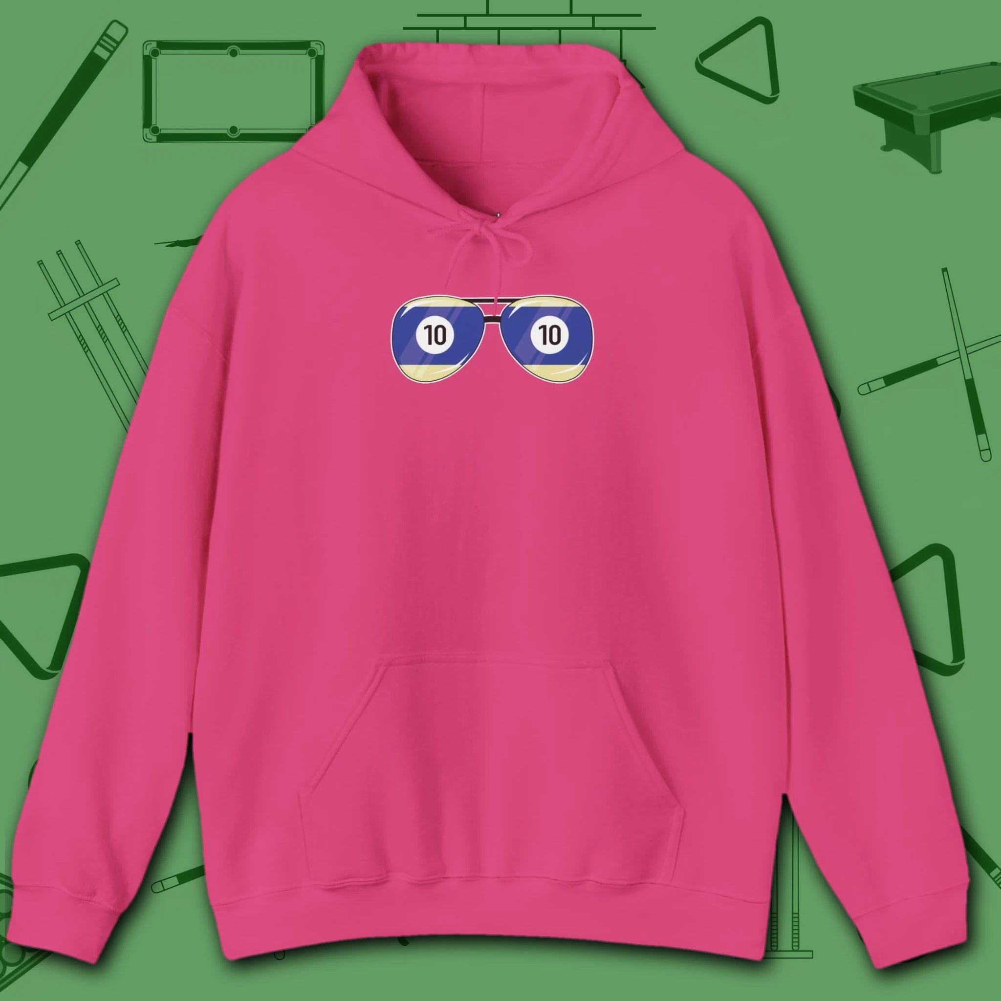Smooth Shades Hoodie, in Heliconia color, billiards shirt, front view