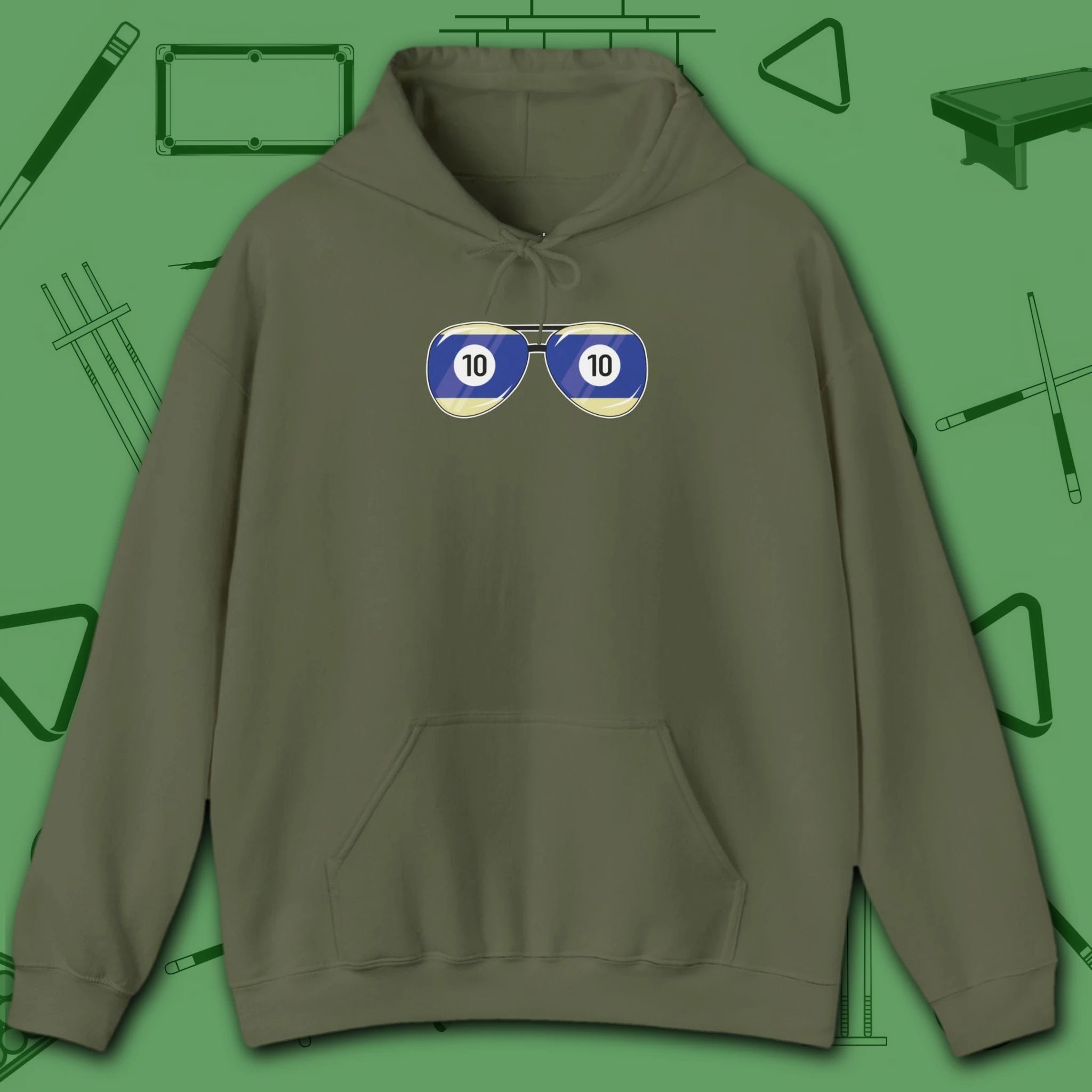 Smooth Shades Hoodie, in Military Green color, billiards shirt, front view