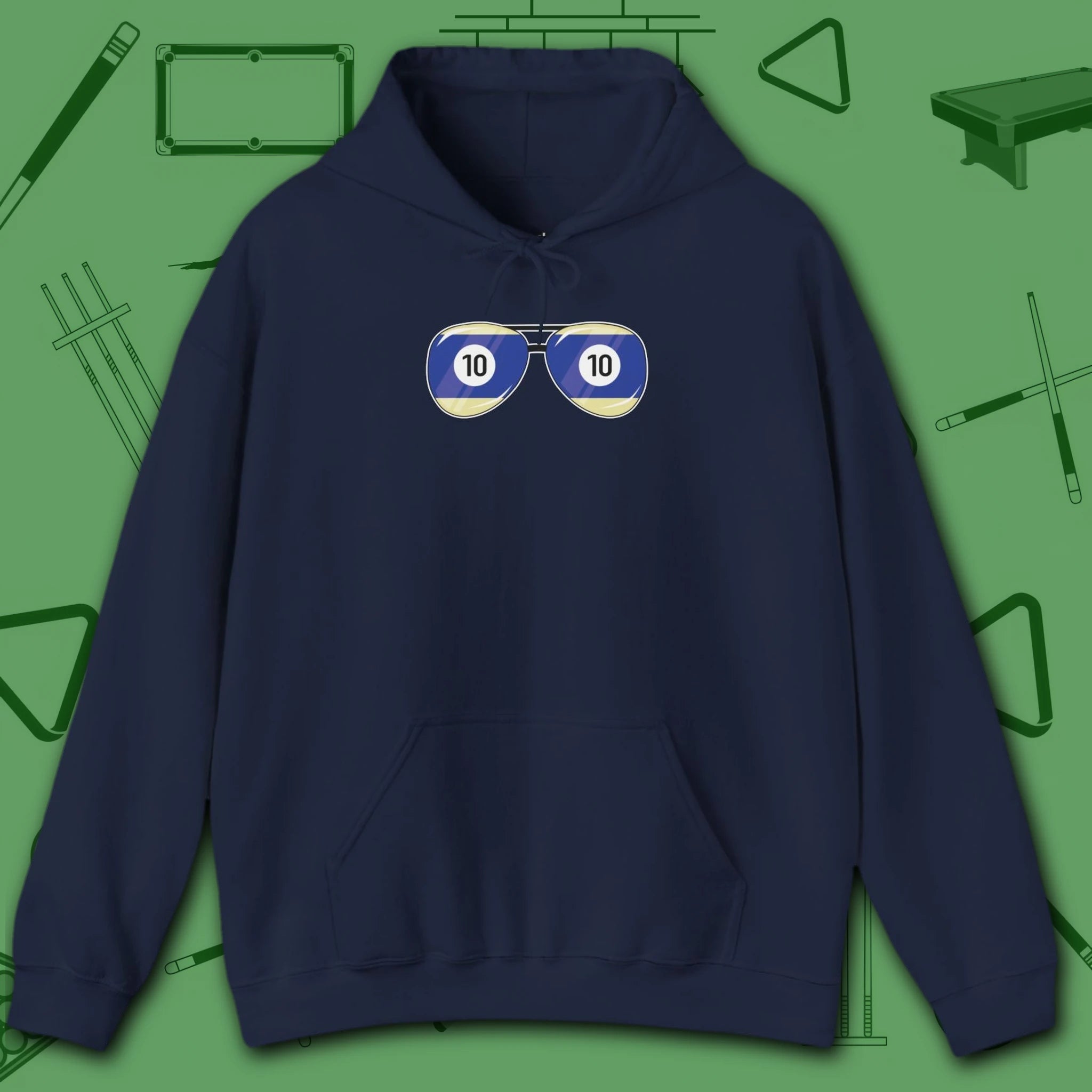 Smooth Shades Hoodie, in Navy color, billiards shirt, front view