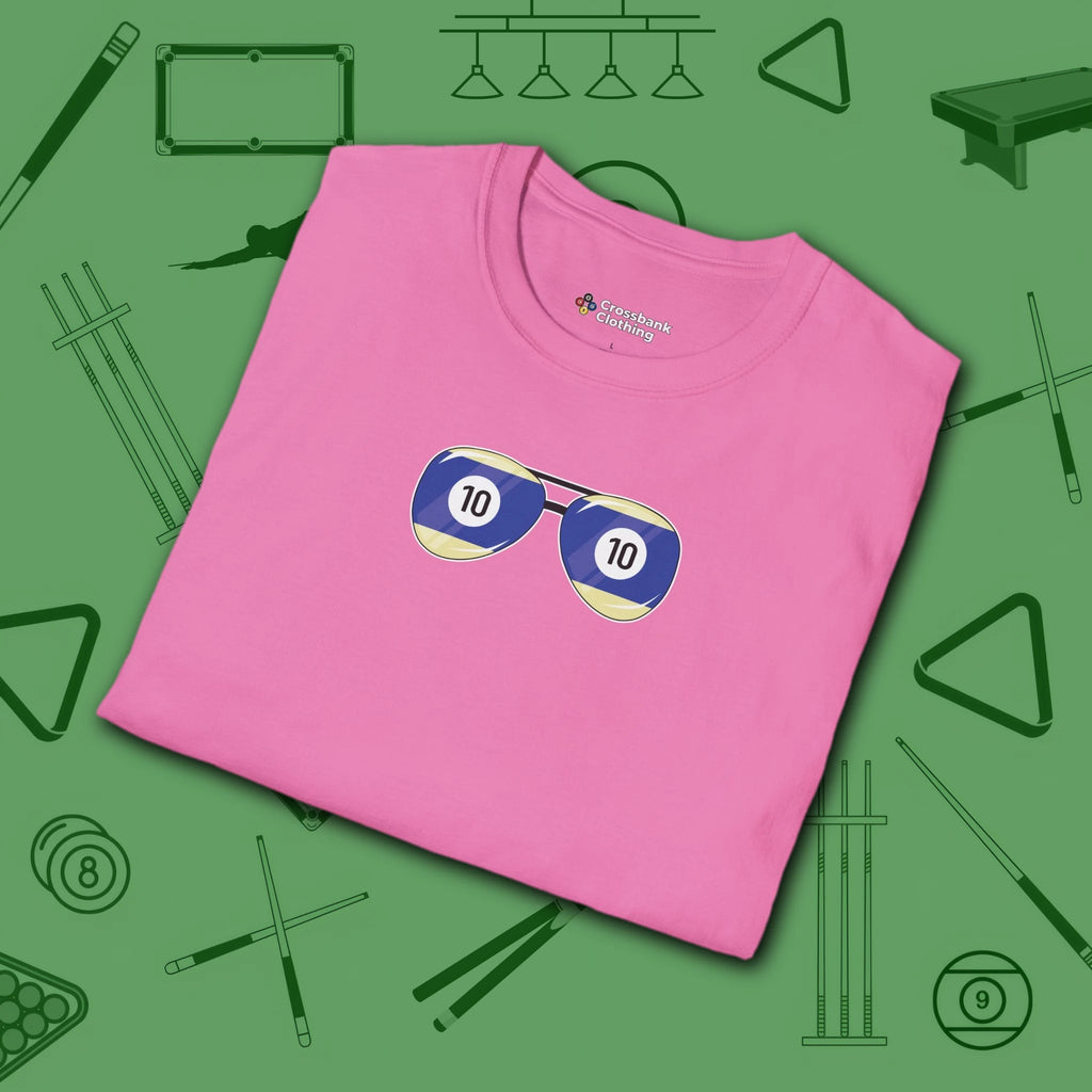 Smooth Shades T-Shirt, in Azalea color, billiards shirt, folded view