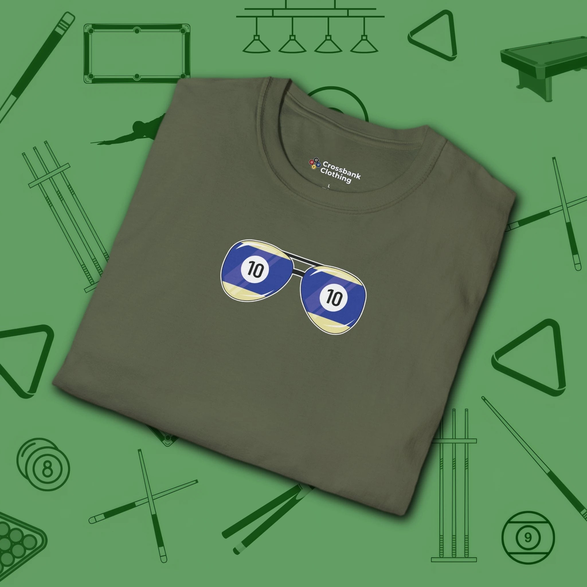 Smooth Shades T-Shirt, in Military Green color, billiards shirt, folded view