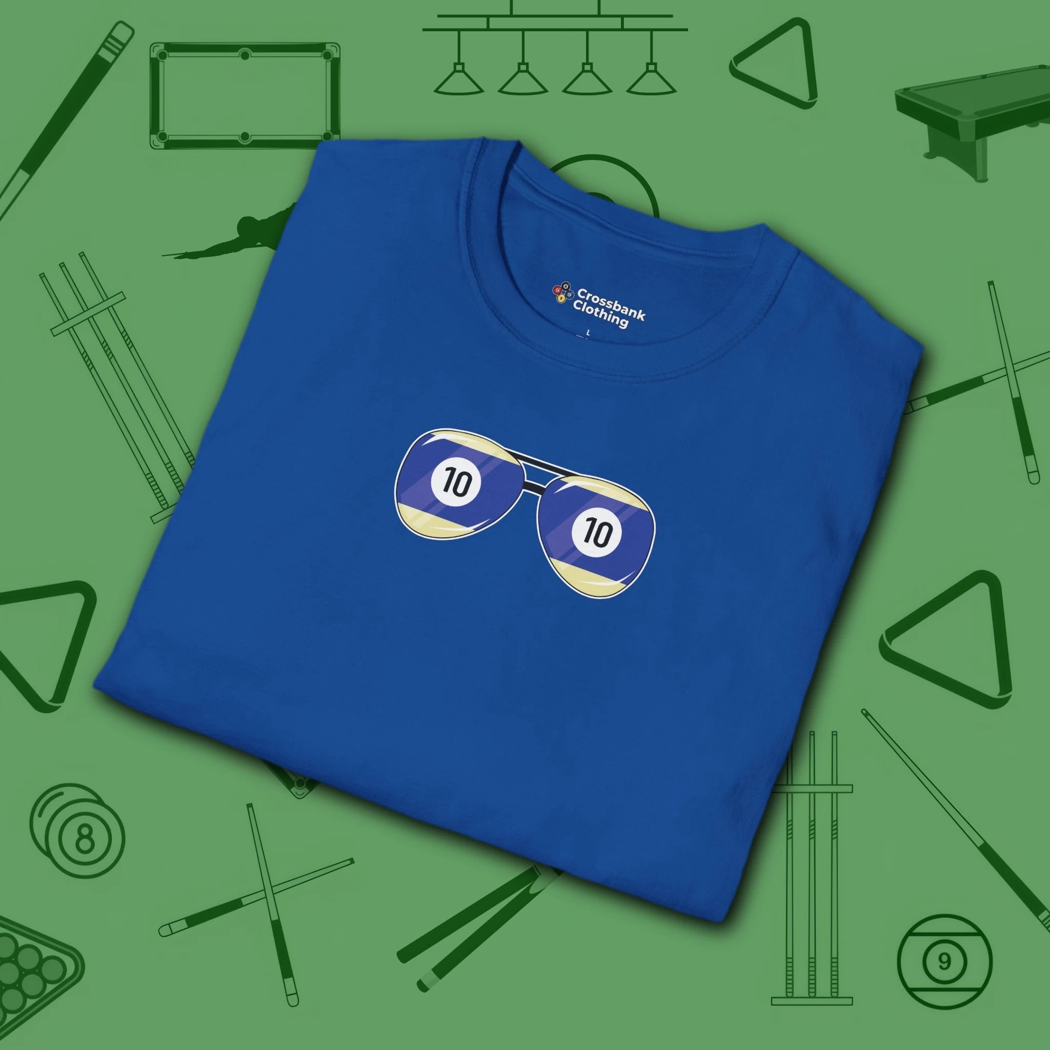 Smooth Shades T-Shirt, in Royal color, billiards shirt, folded view