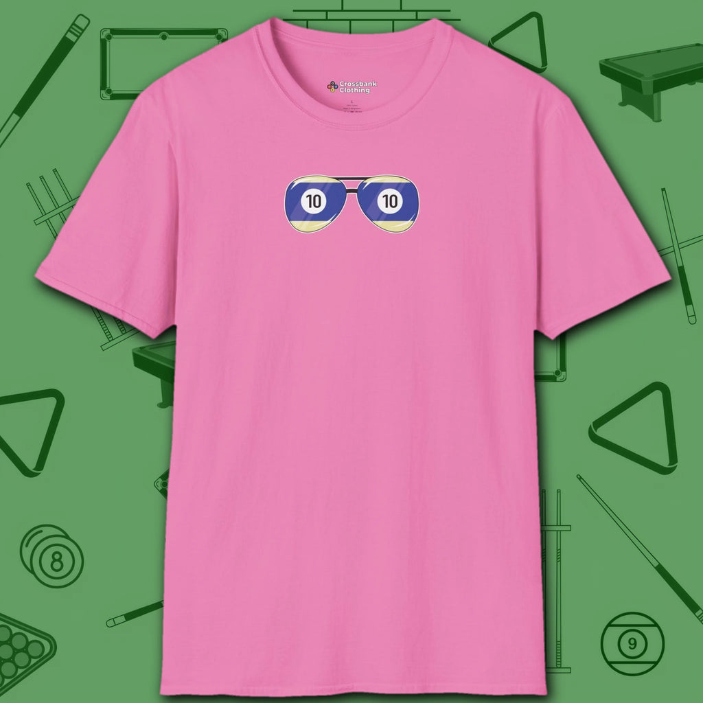 Smooth Shades T-Shirt, in Azalea color, billiards shirt, front view
