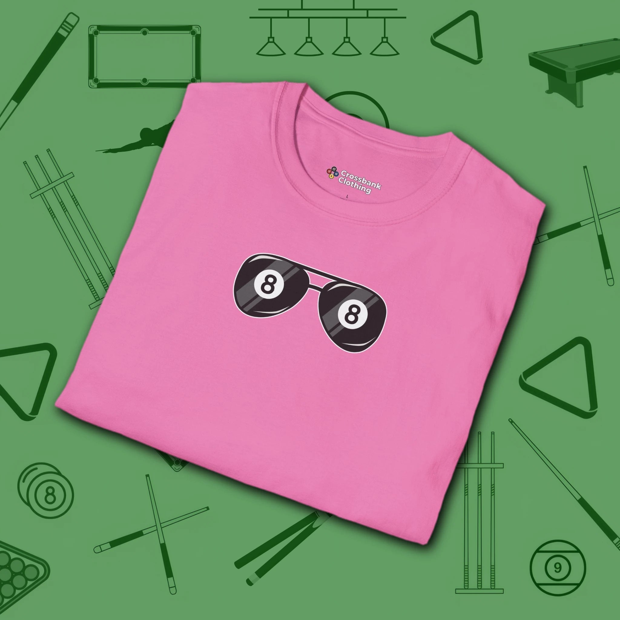 Smooth Shades T-Shirt, in Azalea color, billiards shirt, folded view