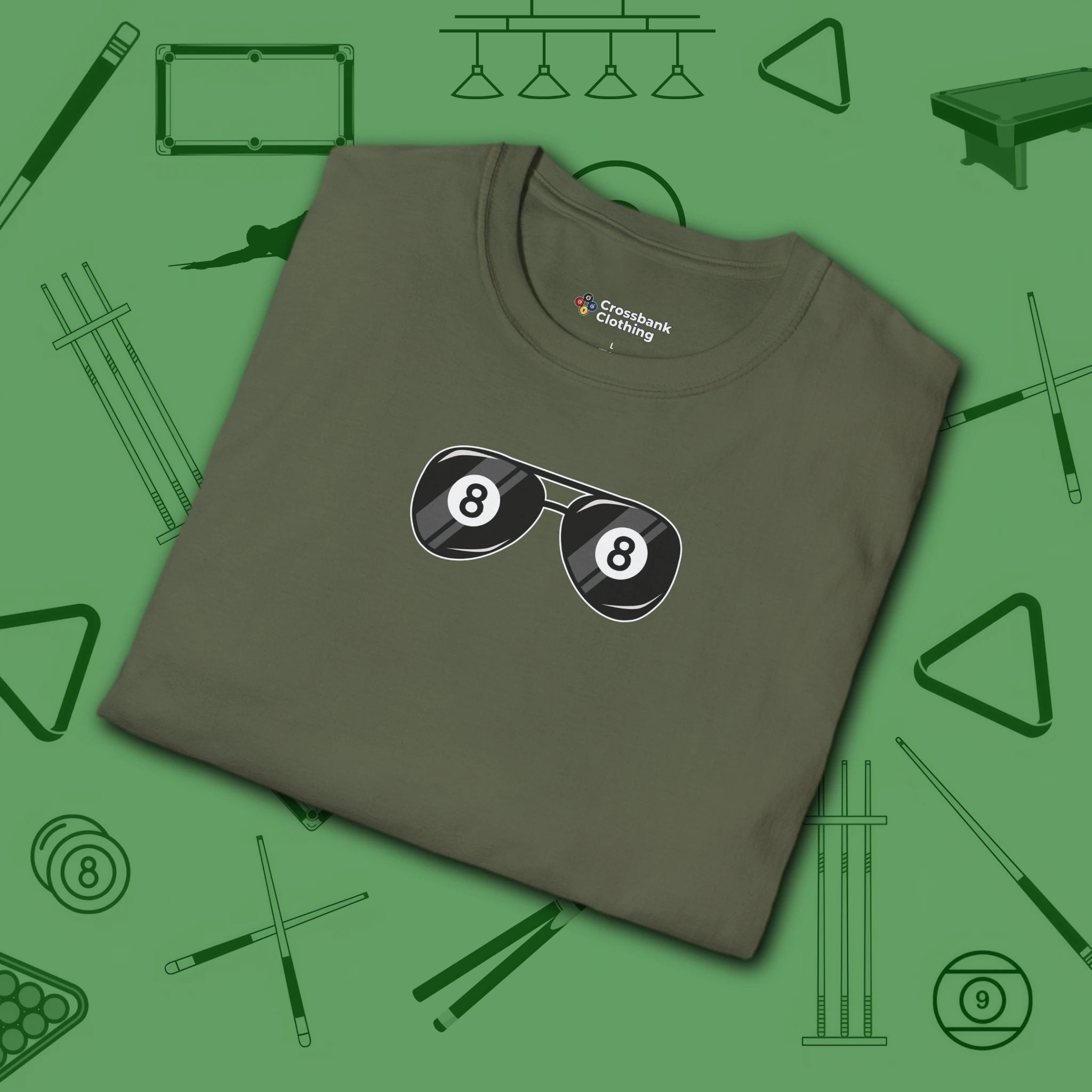 Smooth Shades T-Shirt, in Military Green color, billiards shirt, folded view