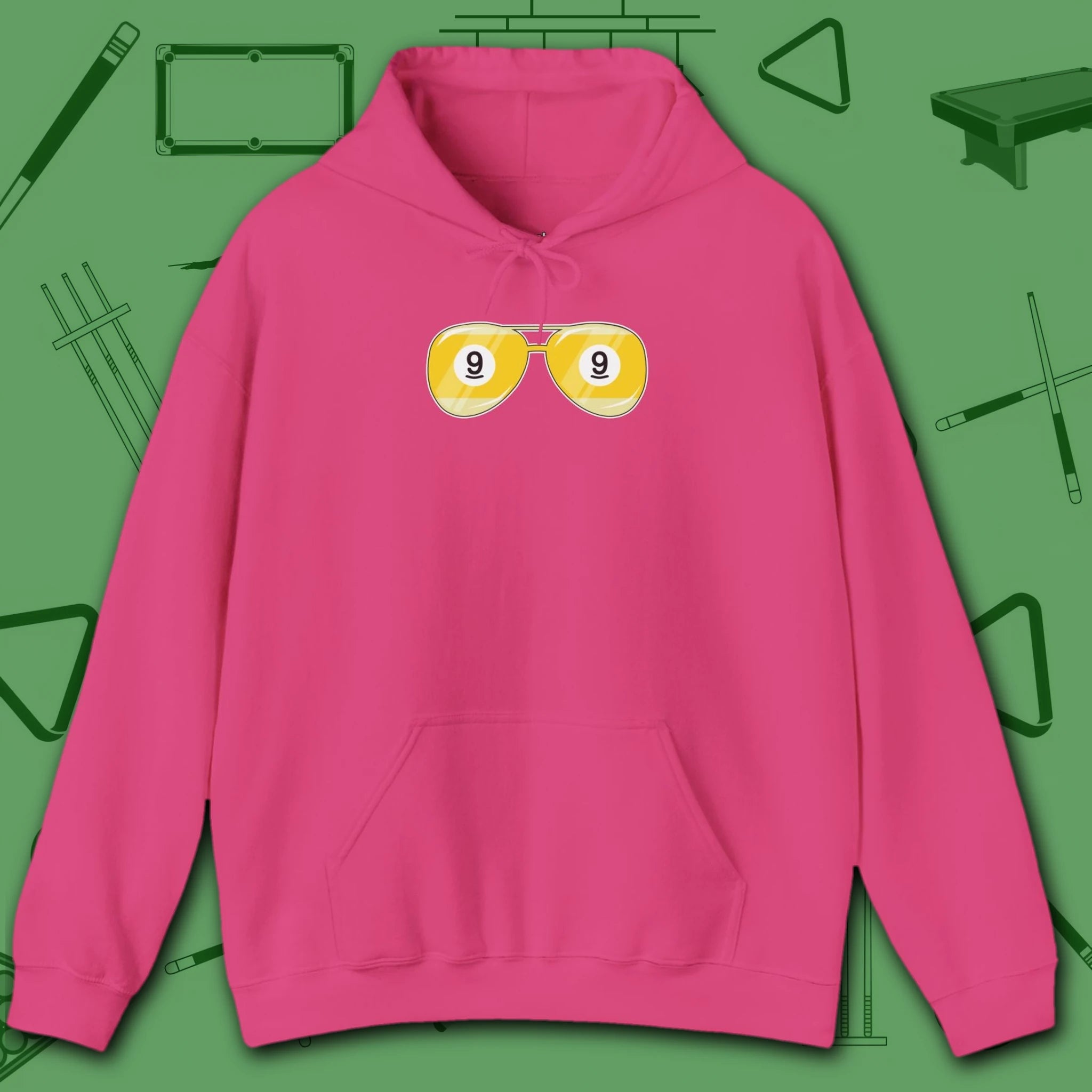 Smooth Shades Hoodie, in Heliconia color, billiards shirt, front view