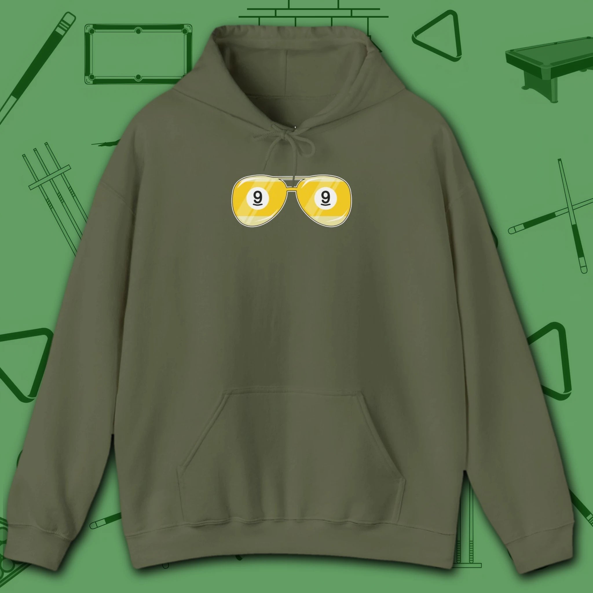 Smooth Shades Hoodie, in Military Green color, billiards shirt, front view