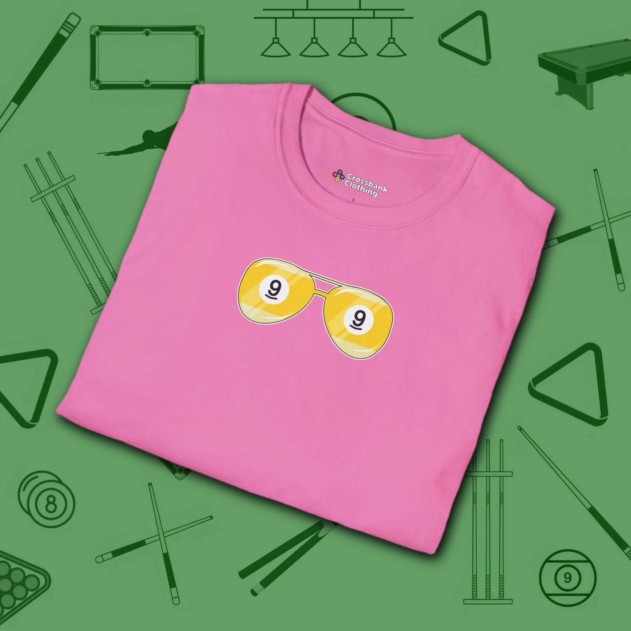 Smooth Shades T-Shirt, in Azalea color, billiards shirt, folded view