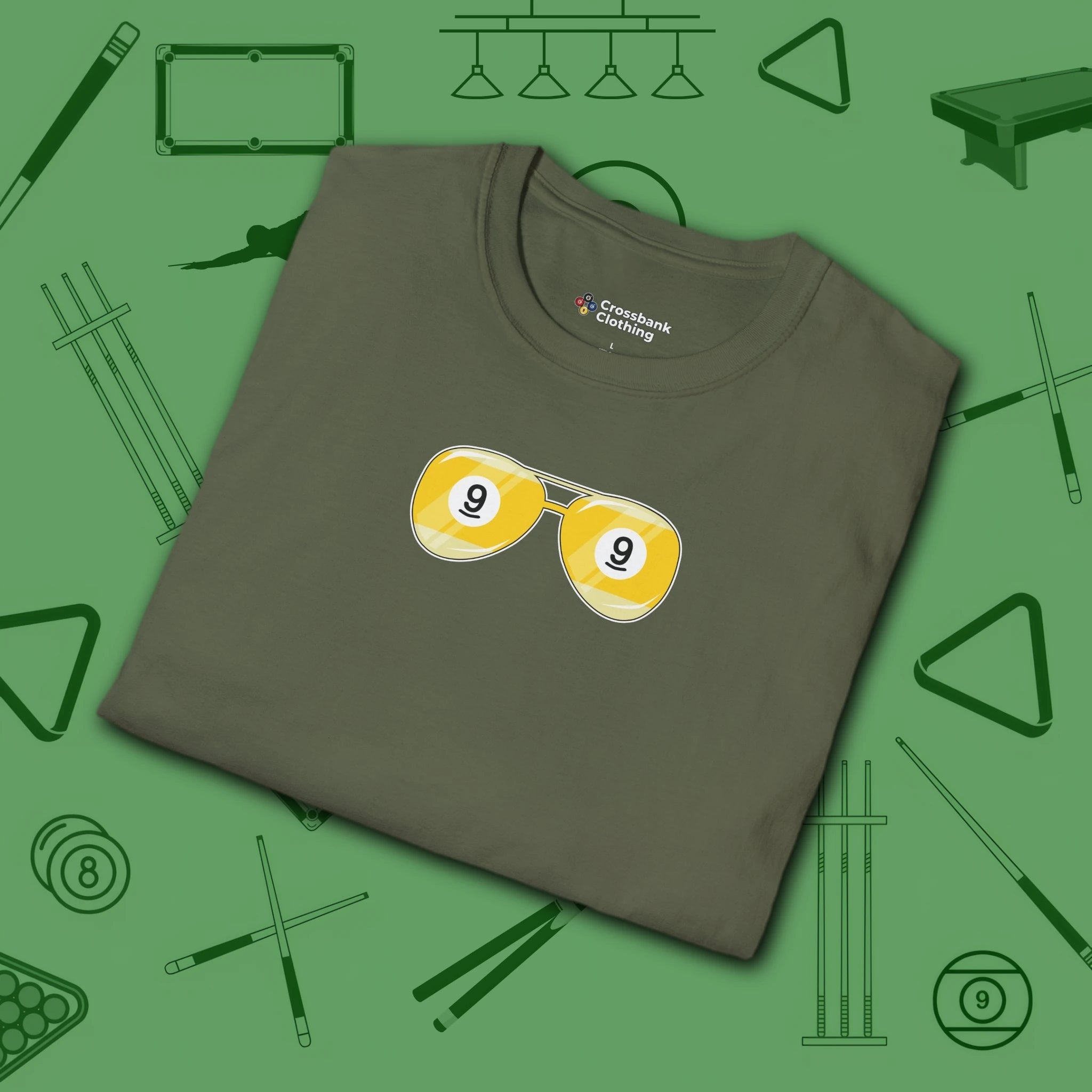 Smooth Shades T-Shirt, in Military Green color, billiards shirt, folded view
