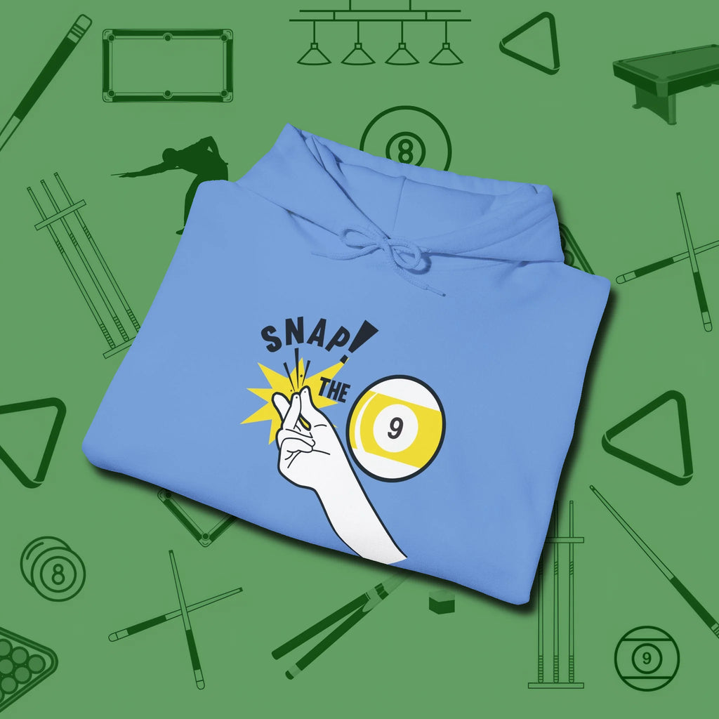 Snap The Nine Hoodie, folded view, in Carolina Blue where style and cue discipline collide
