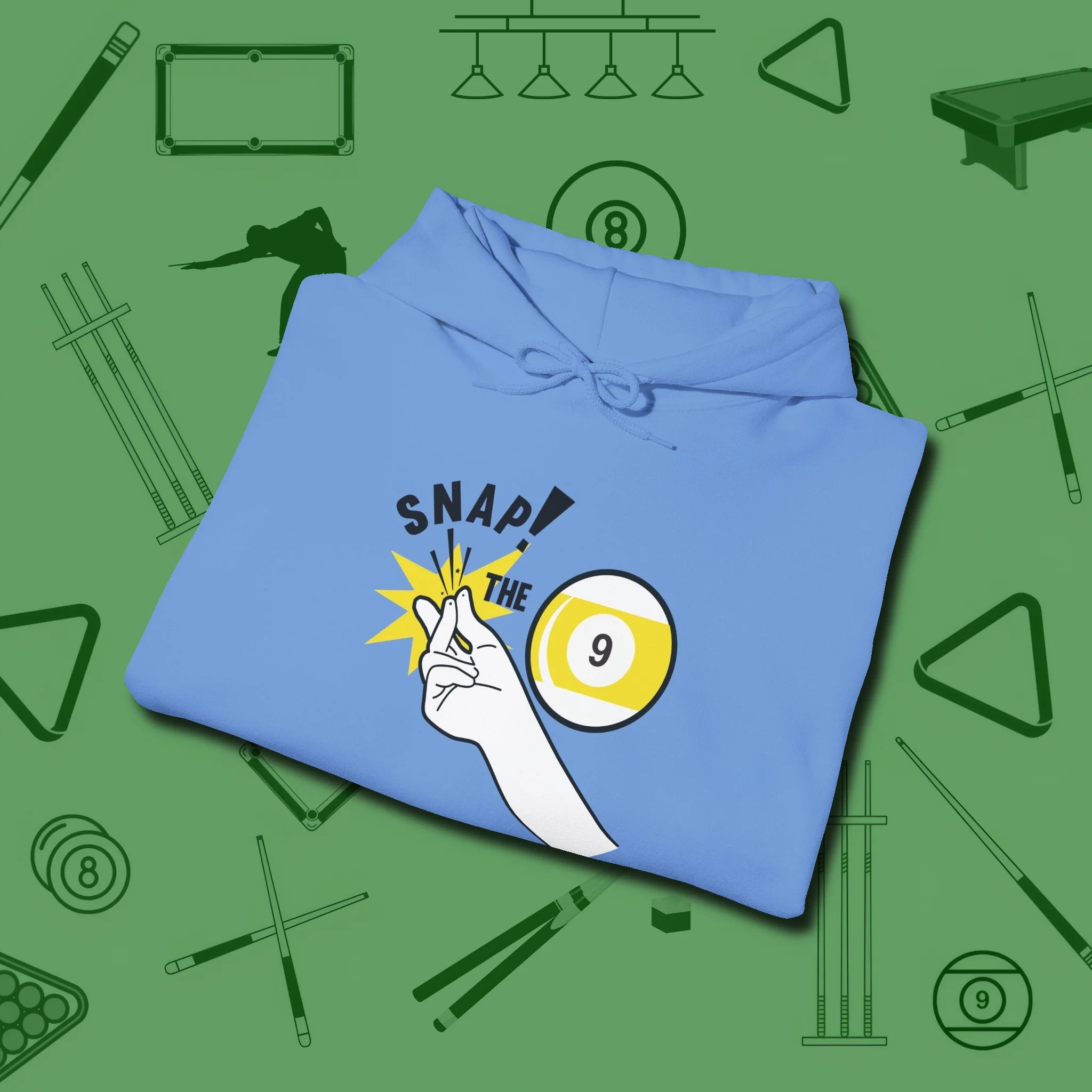Snap The Nine Hoodie, folded view, in Carolina Blue where style and cue discipline collide