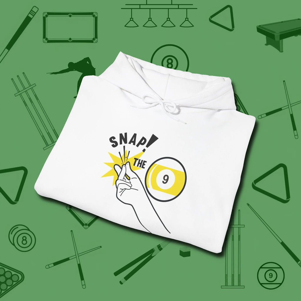 Snap The Nine Hoodie, folded view, in White classic cue style, no gimmicks