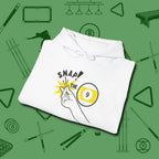 Snap The Nine Hoodie, folded view, in White classic cue style, no gimmicks
