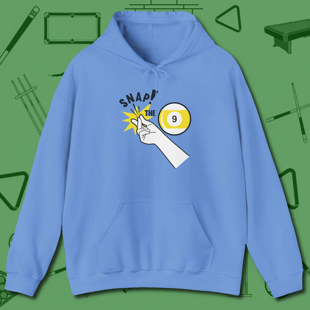 Snap The Nine Hoodie, front view, in Carolina Blue the shirt that plays position