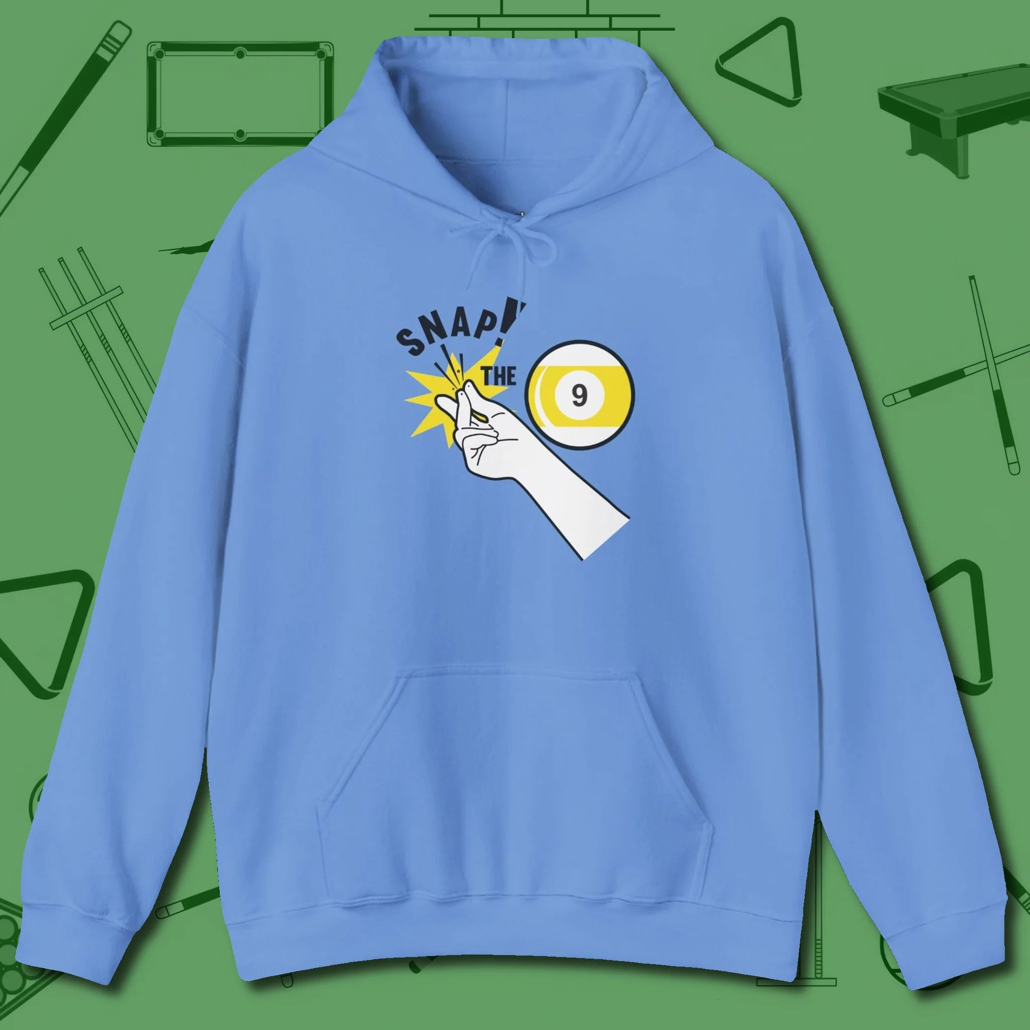 Snap The Nine Hoodie, front view, in Carolina Blue the shirt that plays position