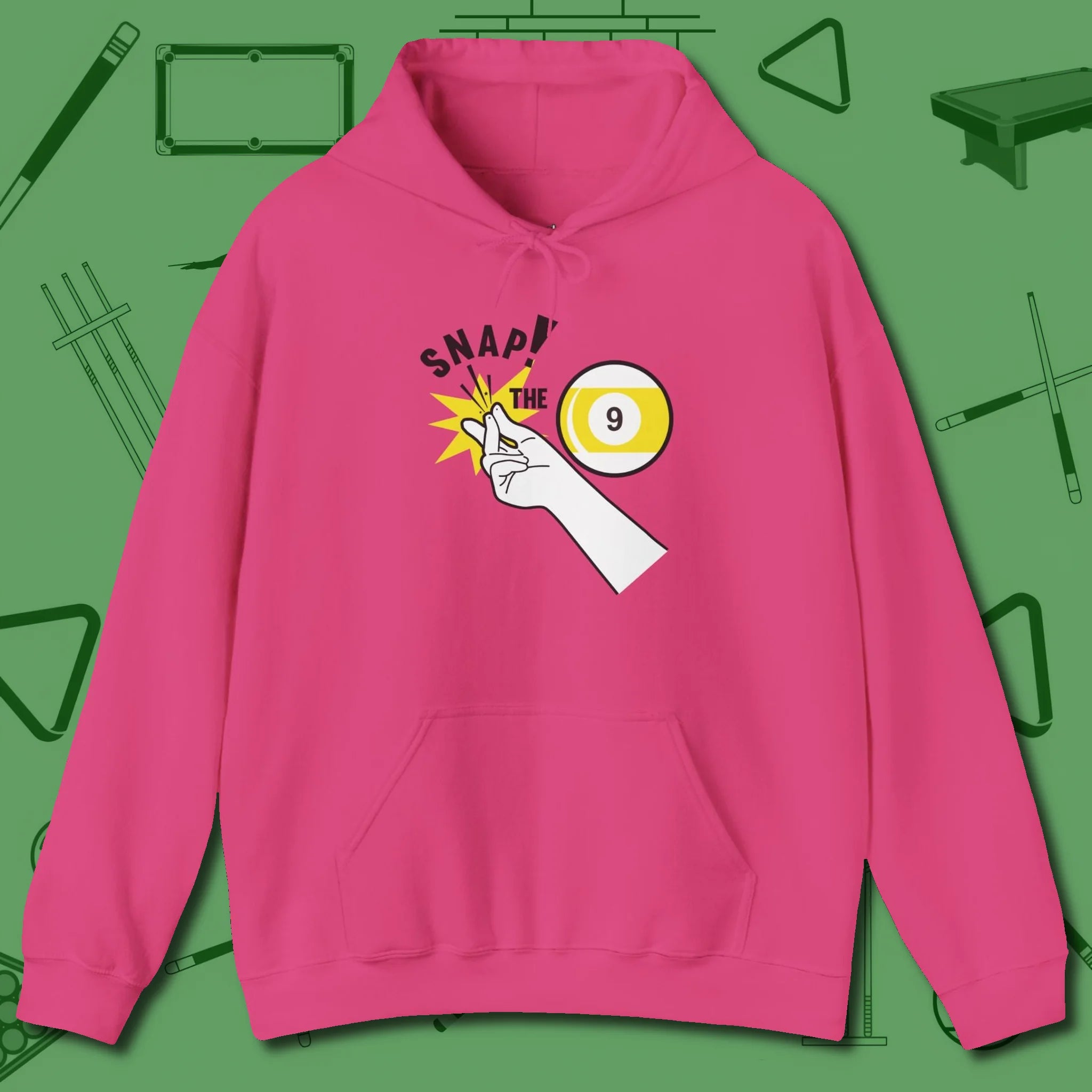 Snap The Nine Hoodie, front view, in Heliconia like your stroke — smooth and deliberate