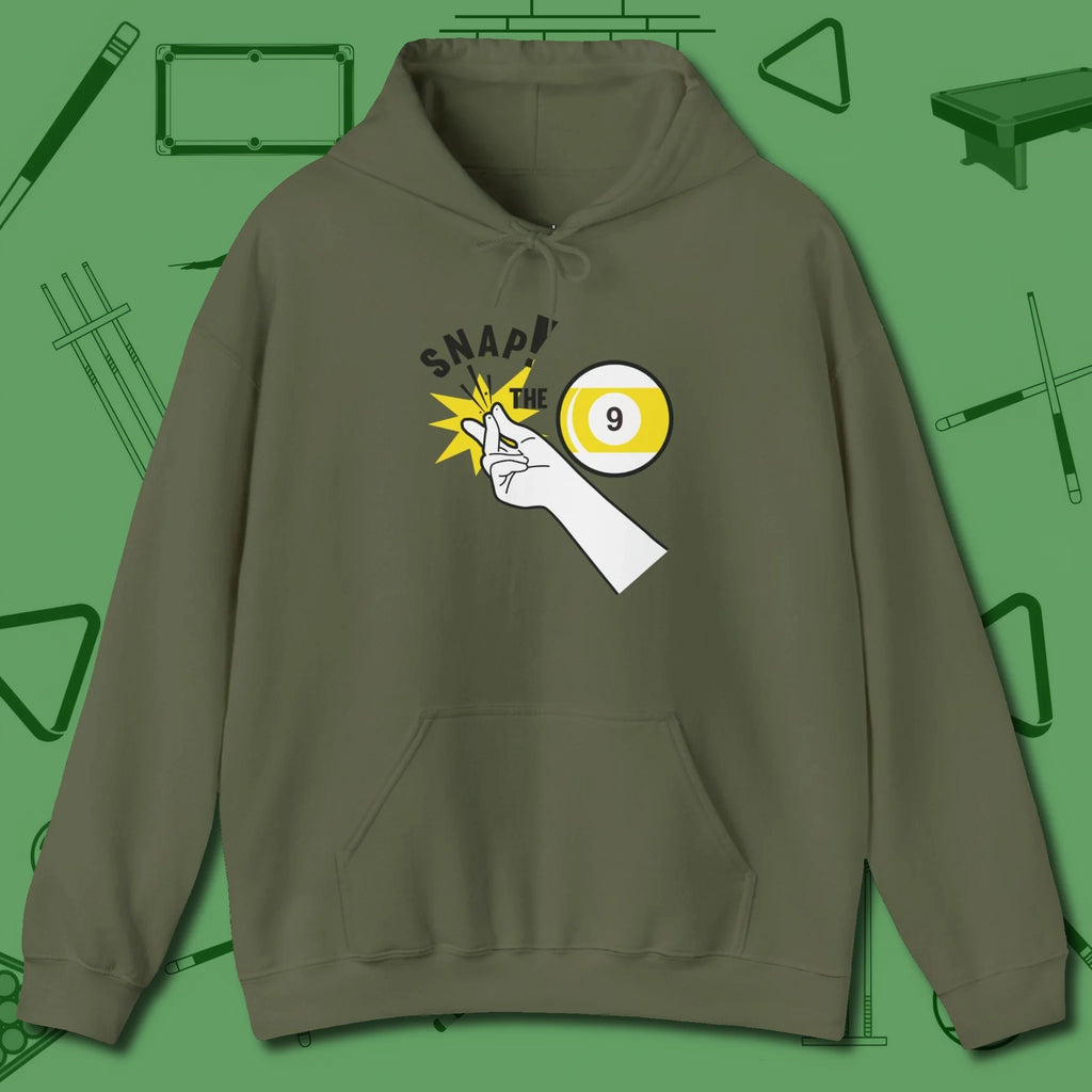 Snap The Nine Hoodie, front view, in Military Green like your stroke — smooth and deliberate