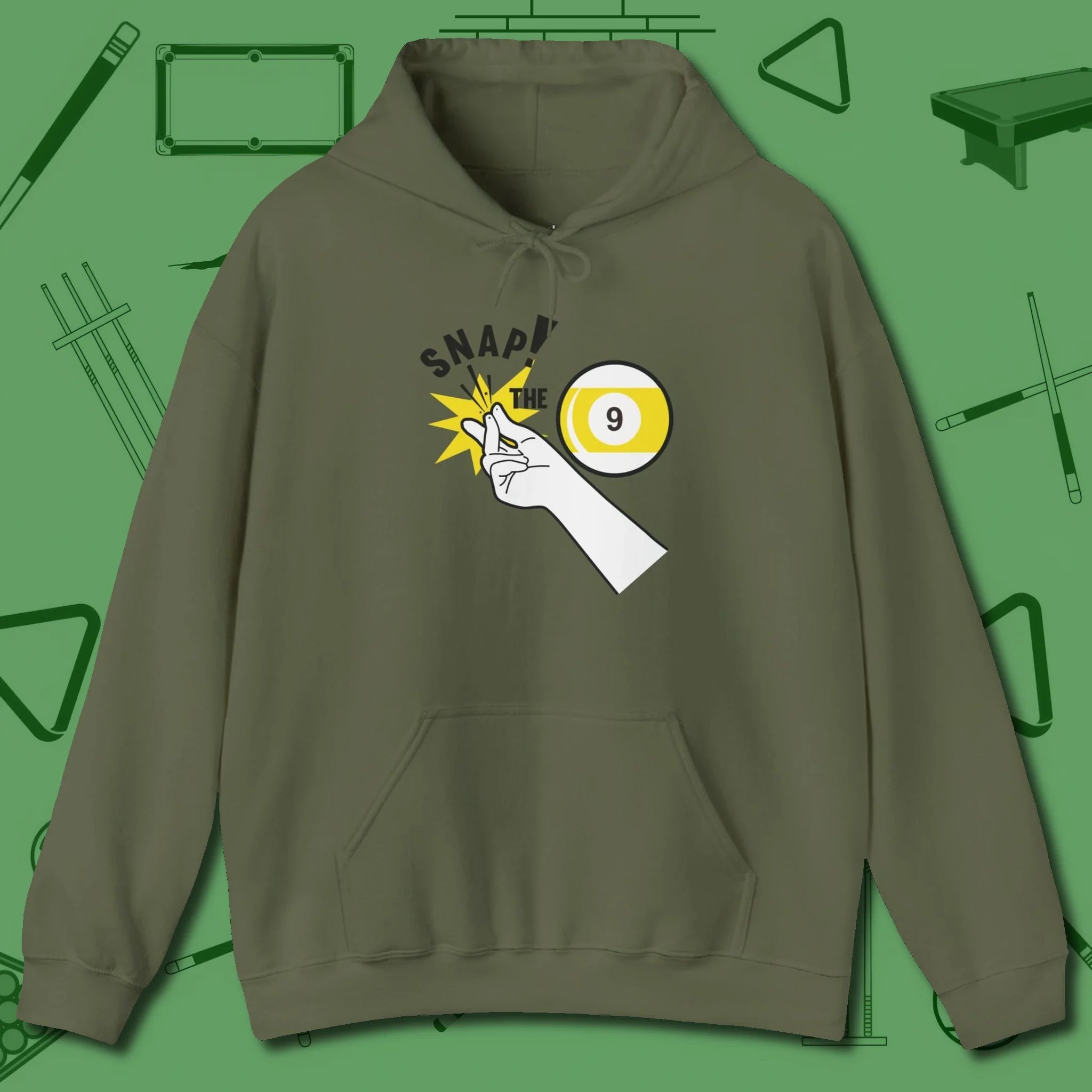 Snap The Nine Hoodie, front view, in Military Green like your stroke — smooth and deliberate