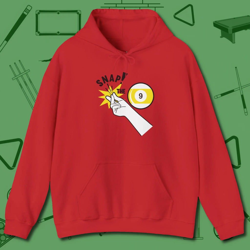 Snap The Nine Hoodie, front view, in Red cue sports swagger done right