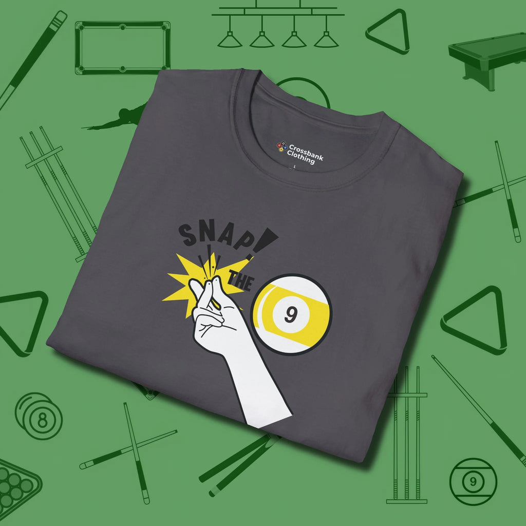 Snap The Nine T-Shirt, folded view, in Charcoal helps your stroke and your style
