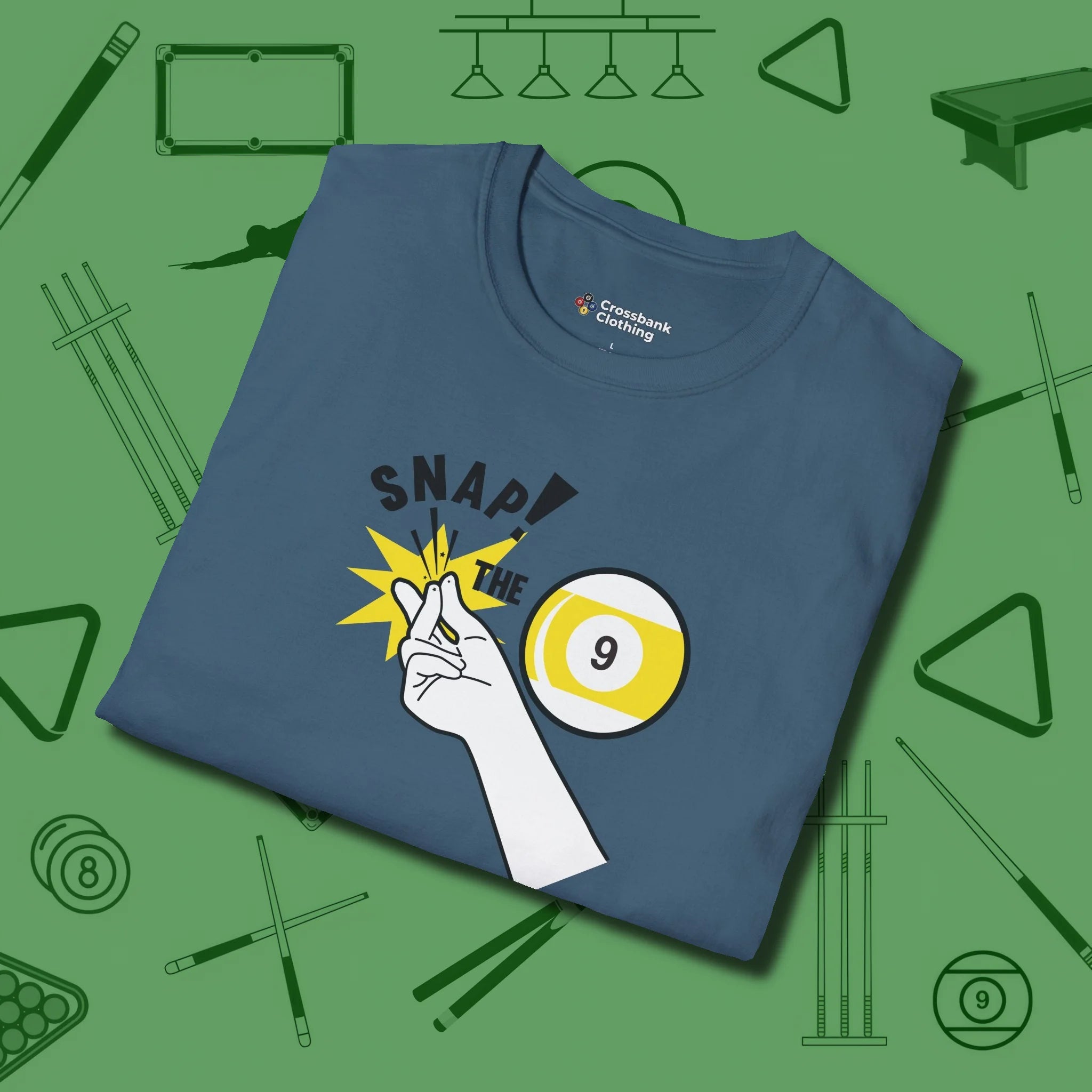 Snap The Nine T-Shirt, folded view, in Indigo Blue table-tested, street-approved style