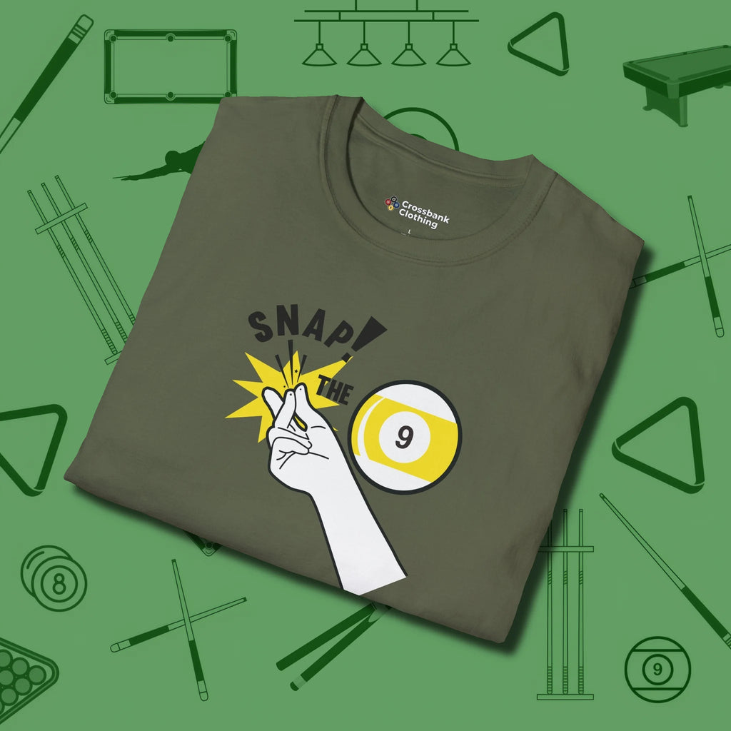 Snap The Nine T-Shirt, folded view, in Military Green put your best game on display