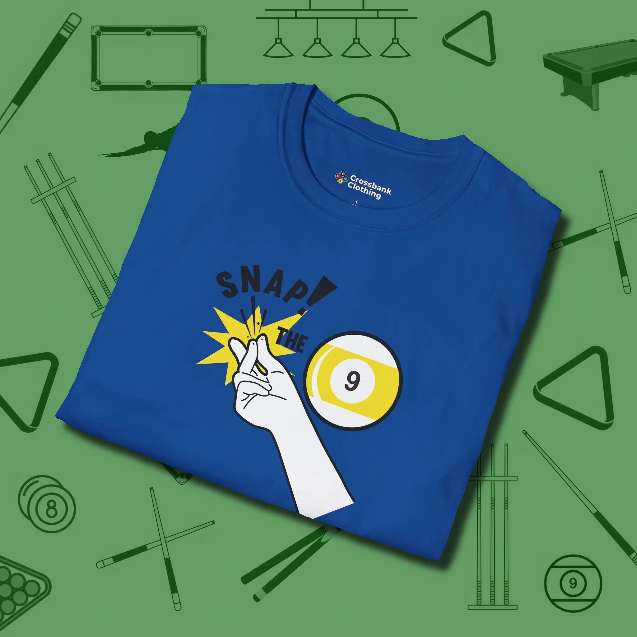Snap The Nine T-Shirt, folded view, in Royal break, run out, turn heads — repeat