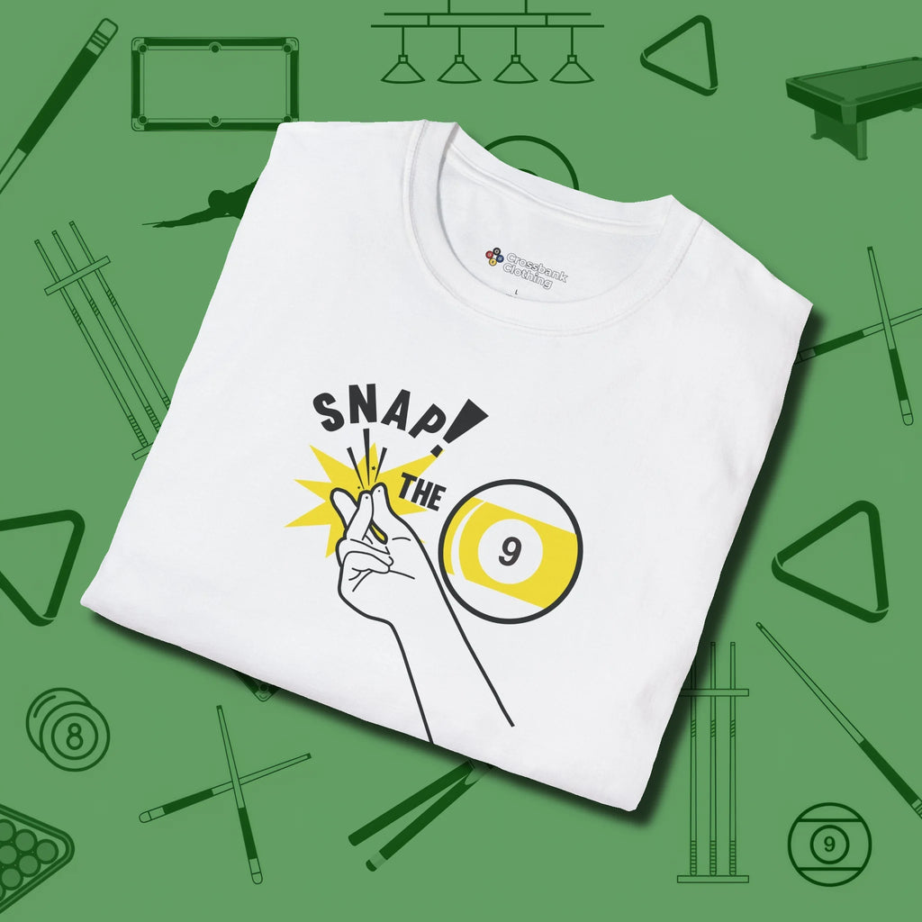 Snap The Nine T-Shirt, folded view, in White designed for dead stroke and deadpan looks