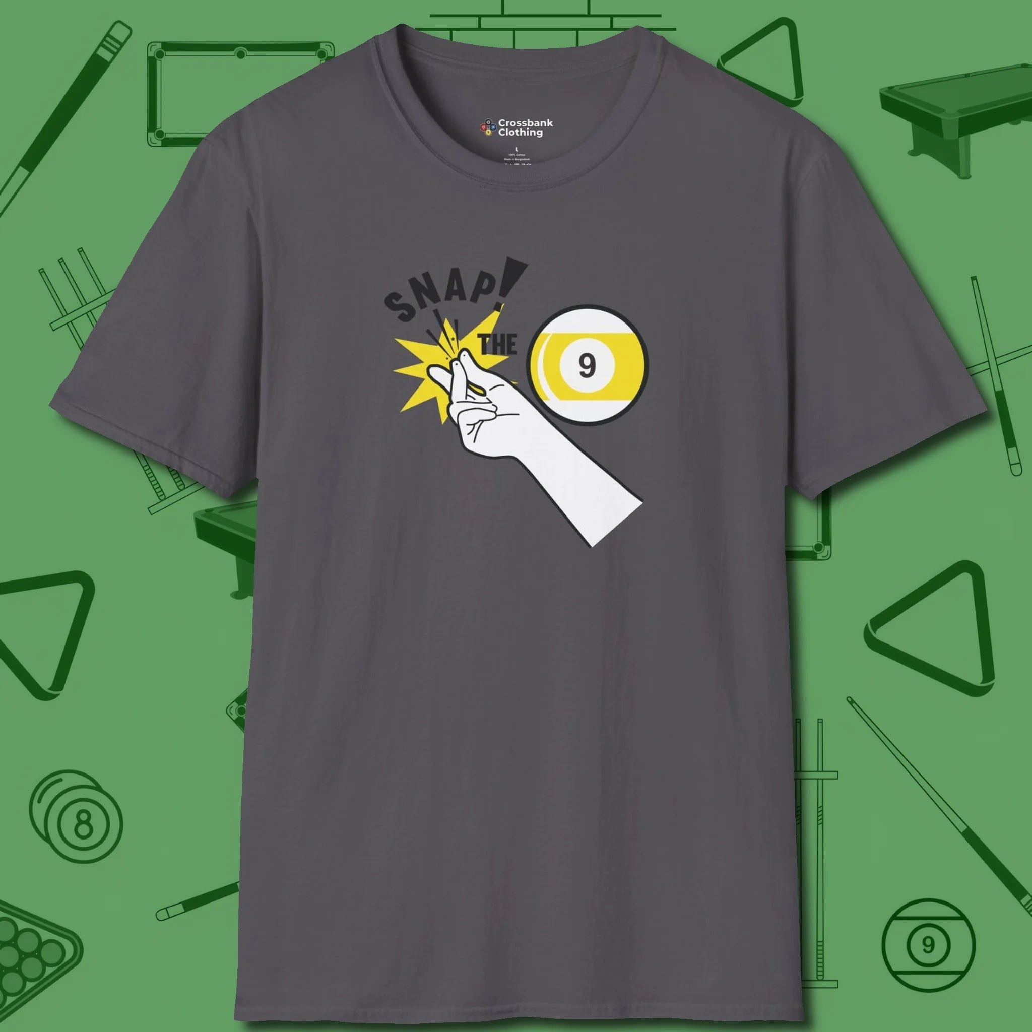 Snap The Nine T-Shirt, front view, in Charcoal subtle drip for serious shooters
