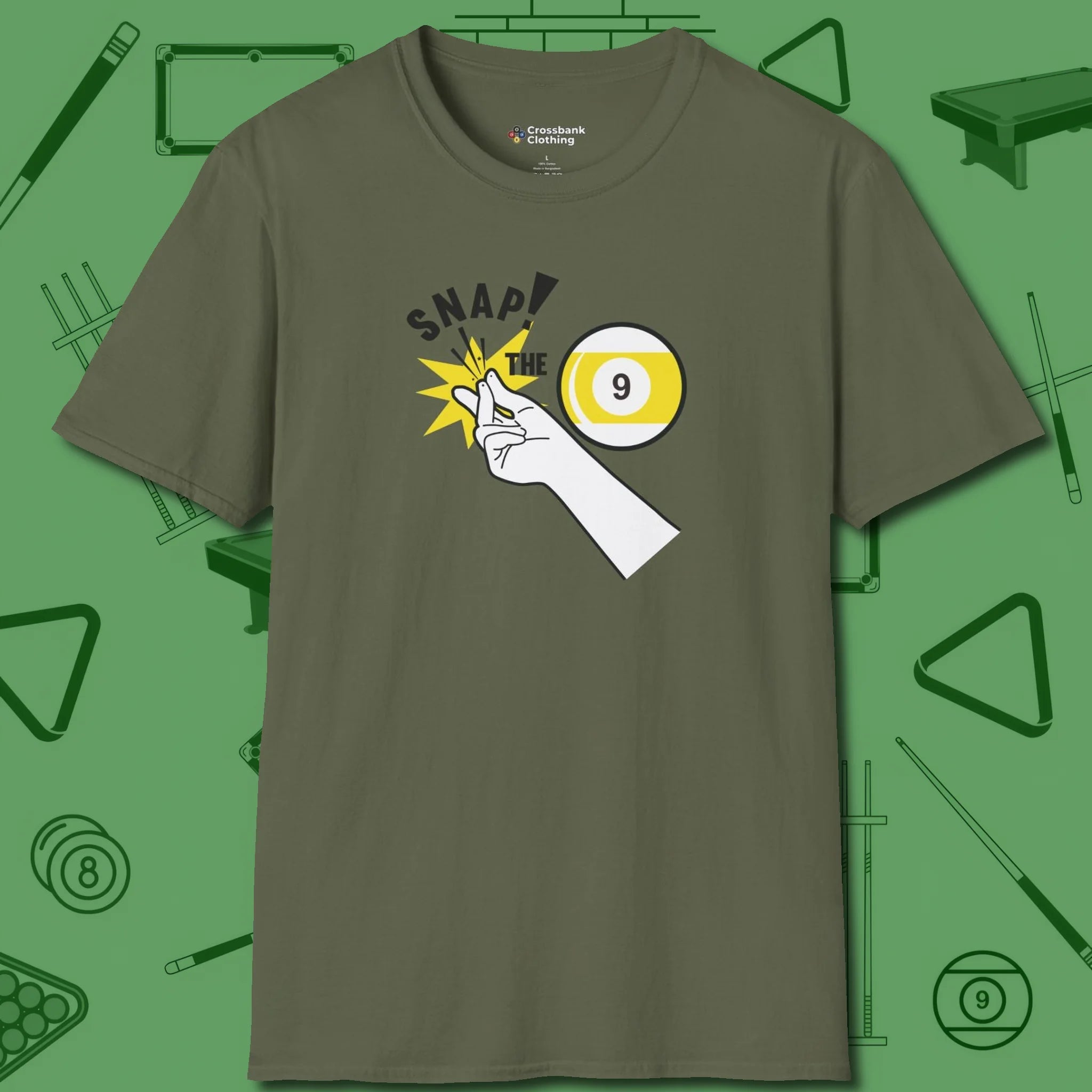 Snap The Nine T-Shirt, front view, in Military Green perfect for players with quiet fire