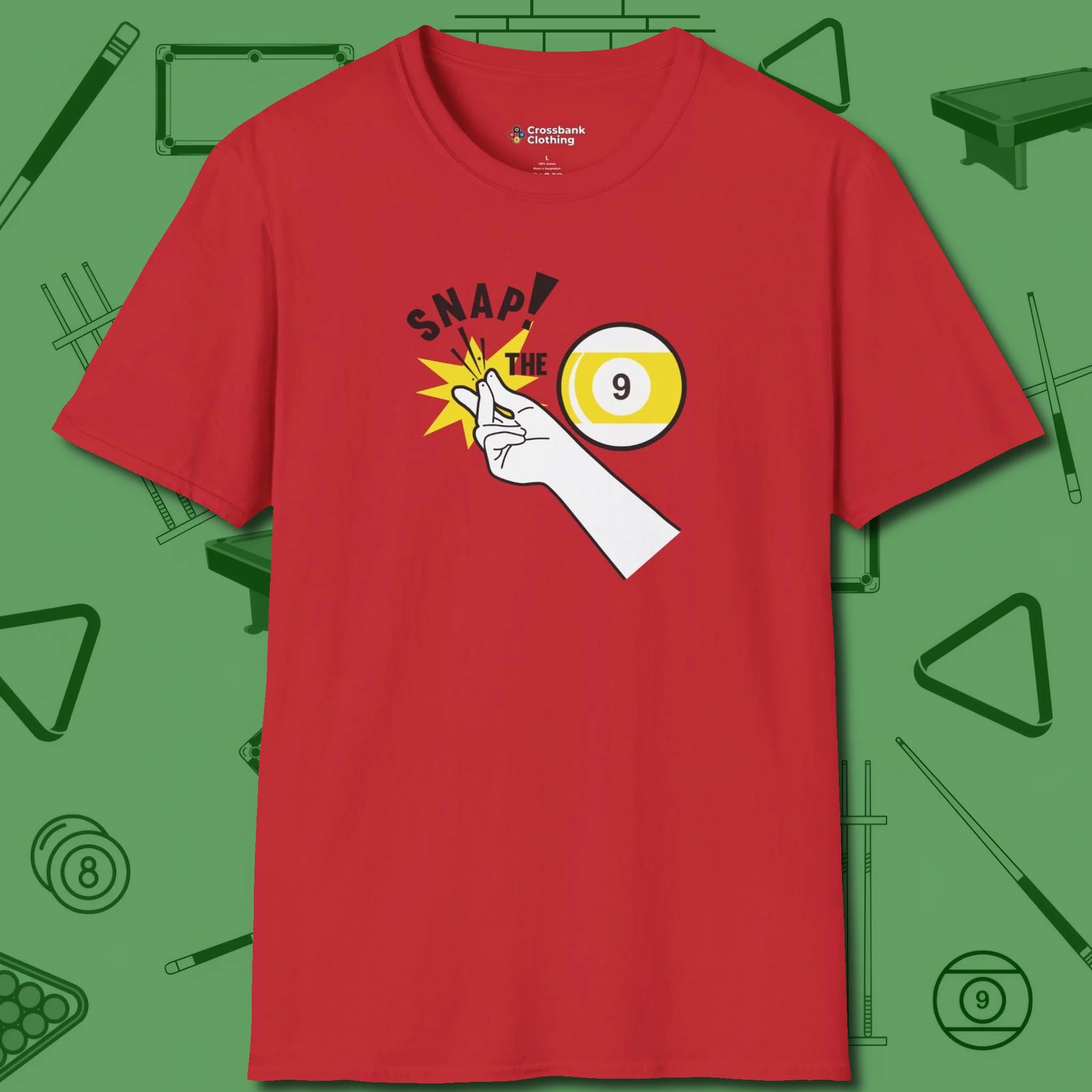 Snap The Nine T-Shirt, front view, in Red confidence stitched in every seam