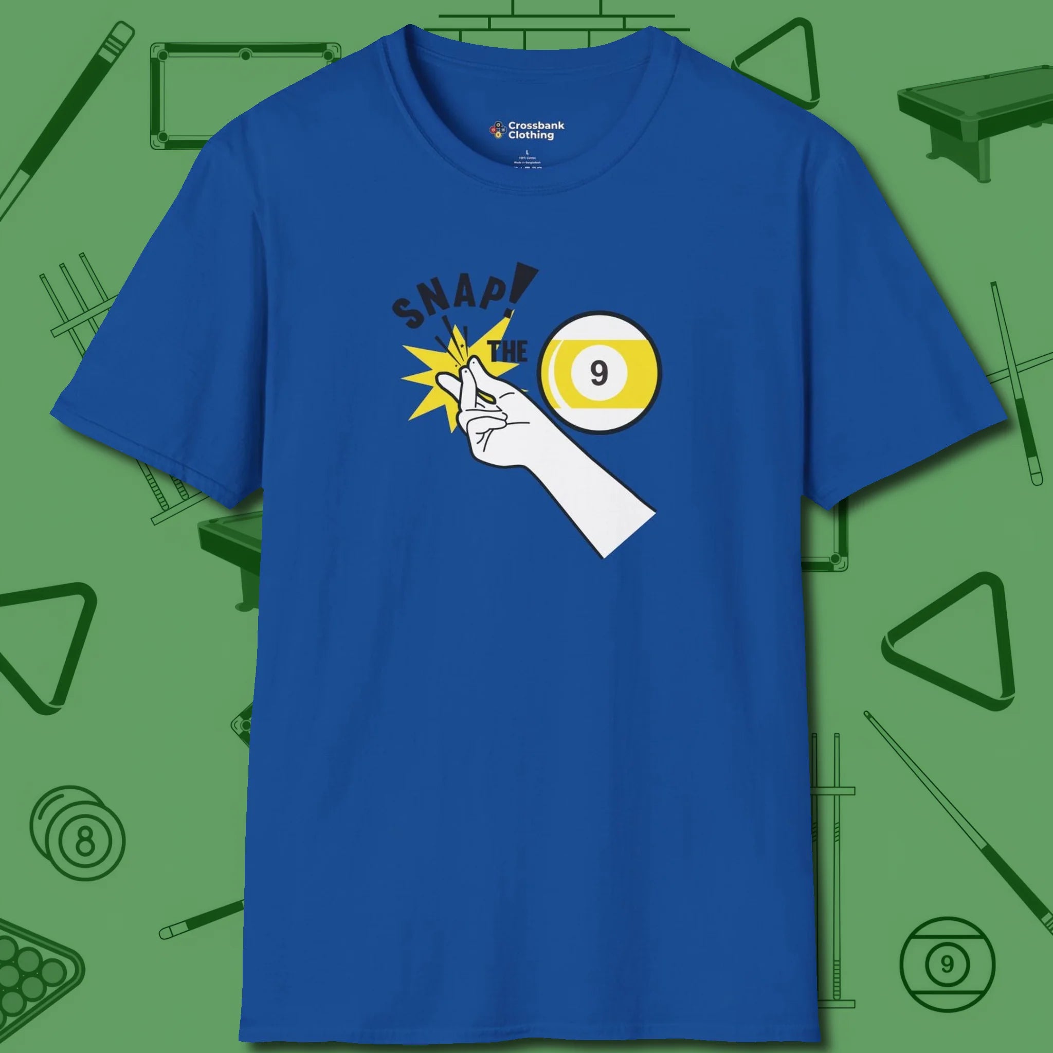 Snap The Nine T-Shirt, front view, in Royal an extension of your pool persona