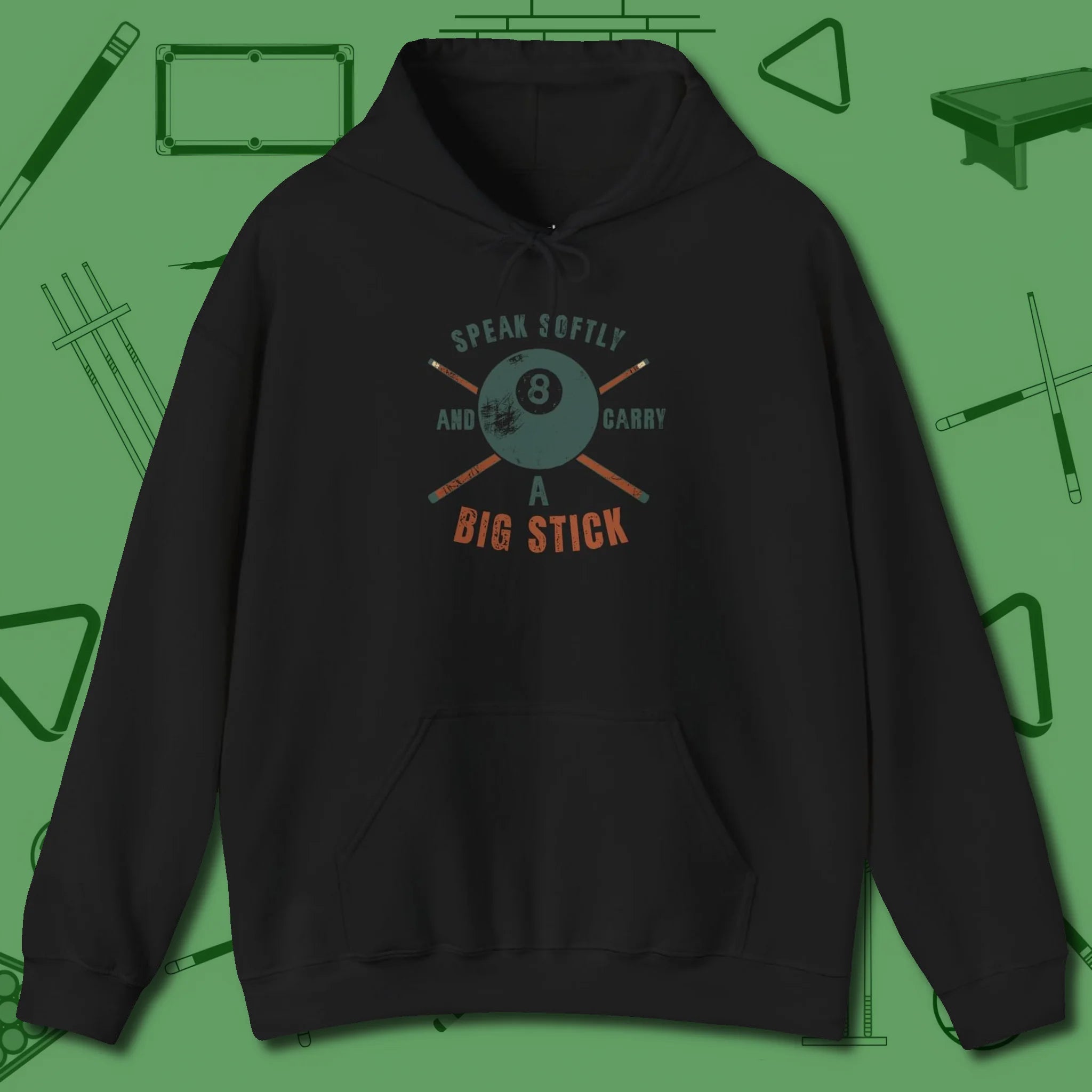 Speak Softly and Carry a Big Stick Hoodie, front view, in Black the official uniform of the after-hours crew