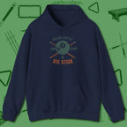 Speak Softly and Carry a Big Stick Hoodie, front view, in Navy the shirt that plays position