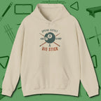 Speak Softly and Carry a Big Stick Hoodie, front view, in Sand earns respect before the first shot