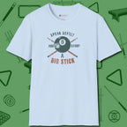 Speak Softly and Carry a Big Stick T-Shirt, front view, in Light Blue like your stroke — smooth and deliberate