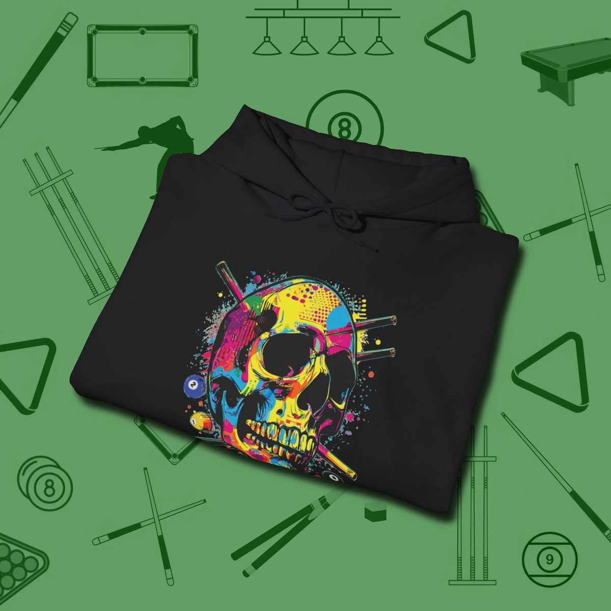 Stabbed Skull Hoodie, folded view, in Black where cue control meets personal style